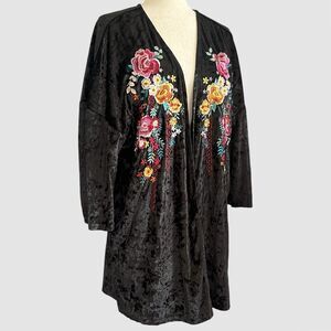 Jodifil Crushed Velvet Embroidered Cardigan Small Black Whimsigoth Floral Duster